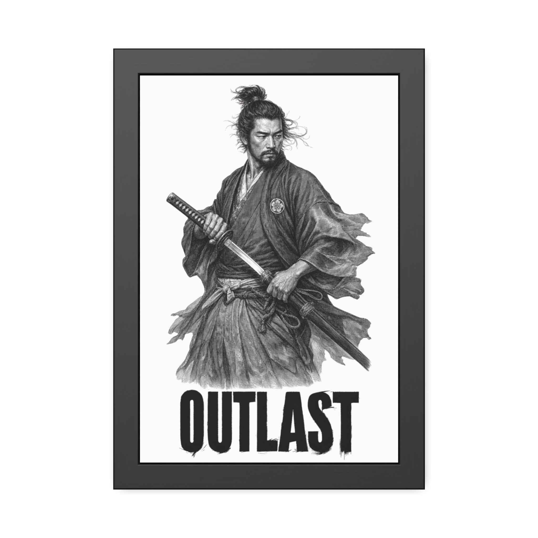 Framed Samurai 'OUTLAST' Paper Poster – Monochrome Warrior Wall Art