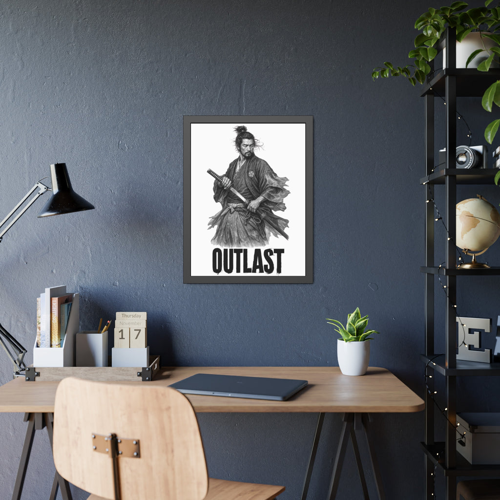 Framed Samurai 'OUTLAST' Paper Poster – Monochrome Warrior Wall Art
