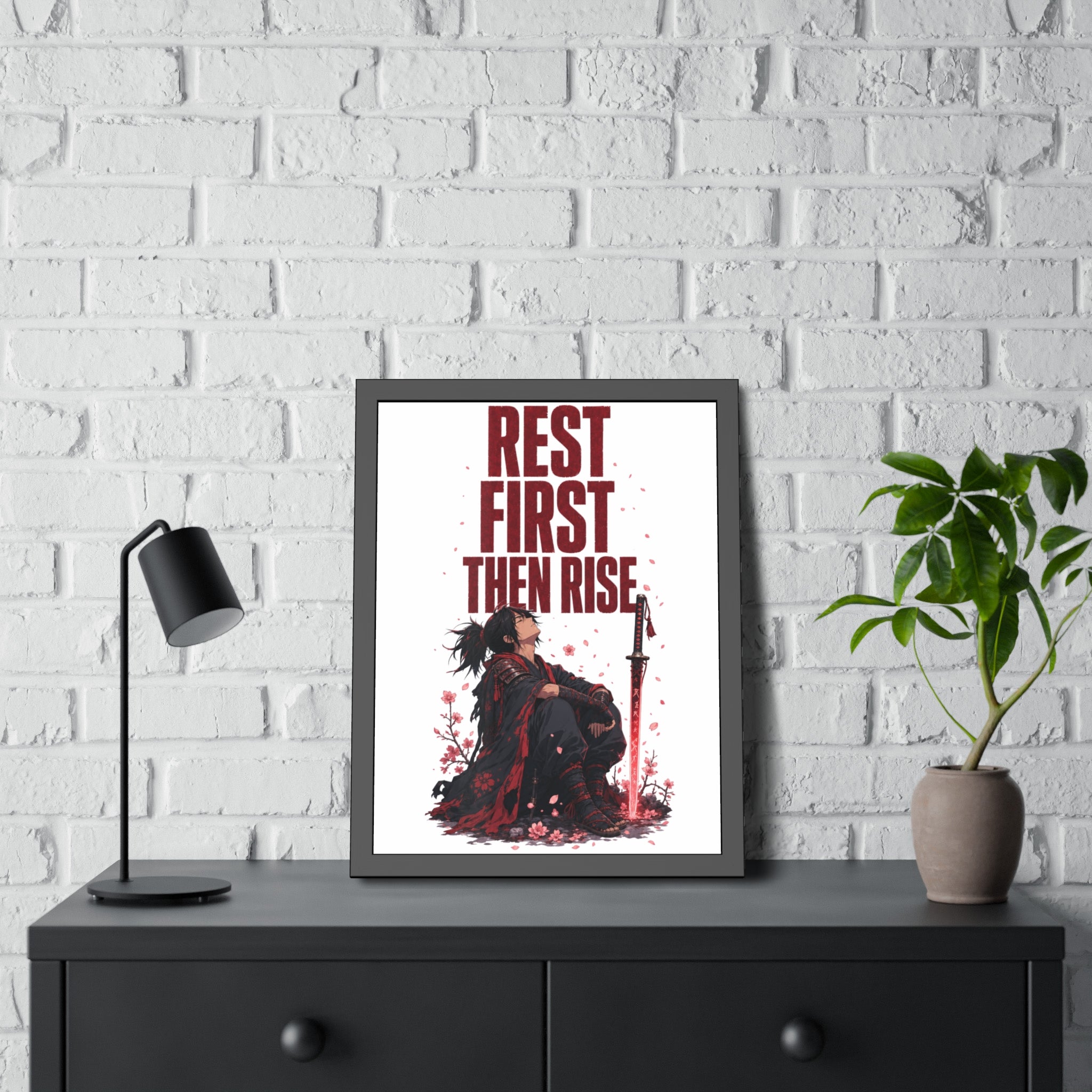 Framed Poster — "Rest First Then Rise" Inspirational Samurai Wall Art