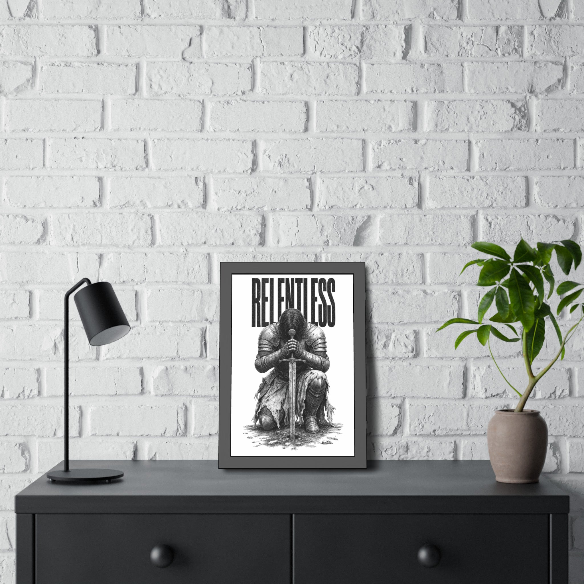 Relentless Knight Framed Paper Poster — Inspirational Medieval Armor Art