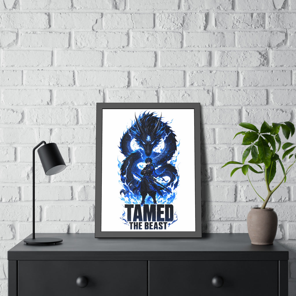 Framed Poster — "Tamed the Beast" Blue Dragon Fantasy Art