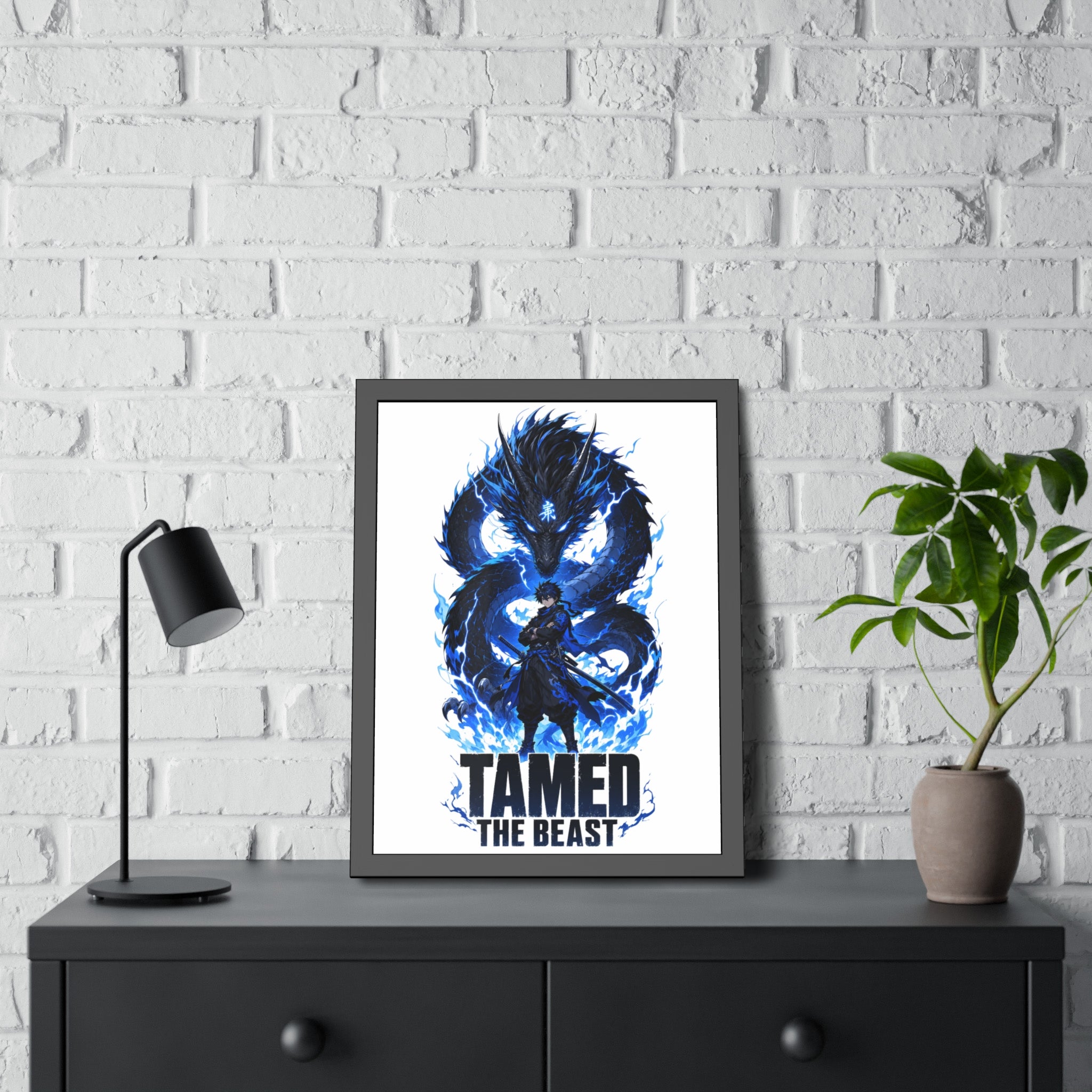 Framed Poster — "Tamed the Beast" Blue Dragon Fantasy Art