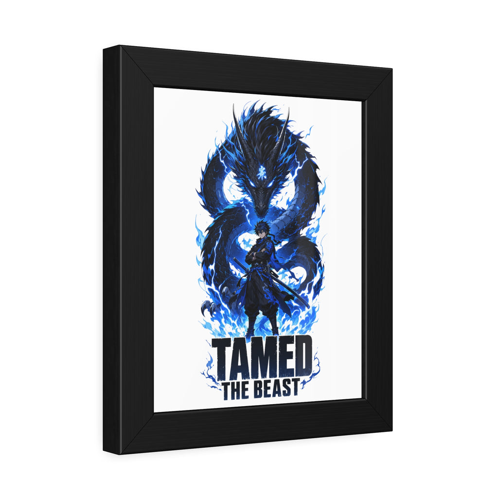 Framed Poster — "Tamed the Beast" Blue Dragon Fantasy Art