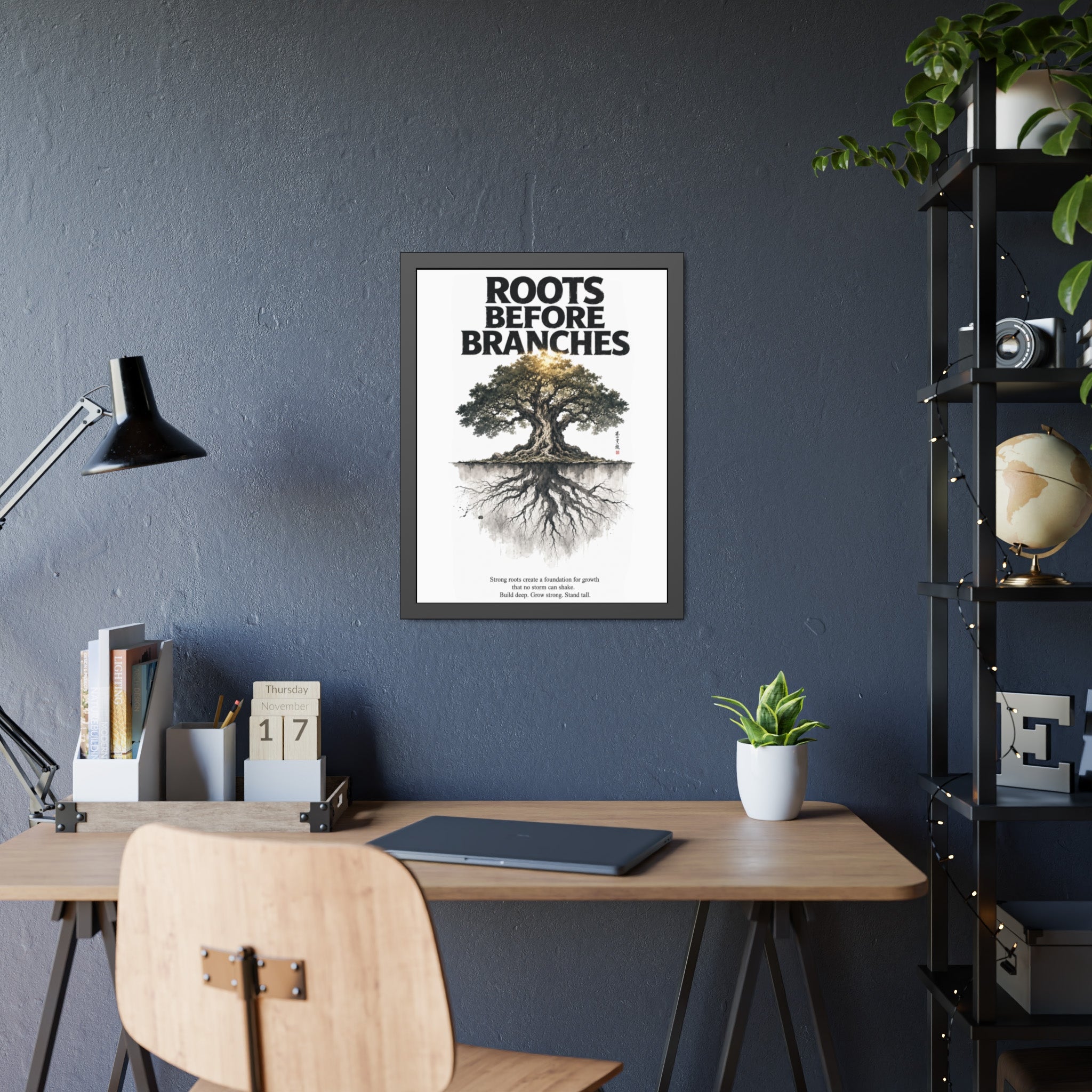 Framed Poster — "Roots Before Branches" Floral Tree Wall Art