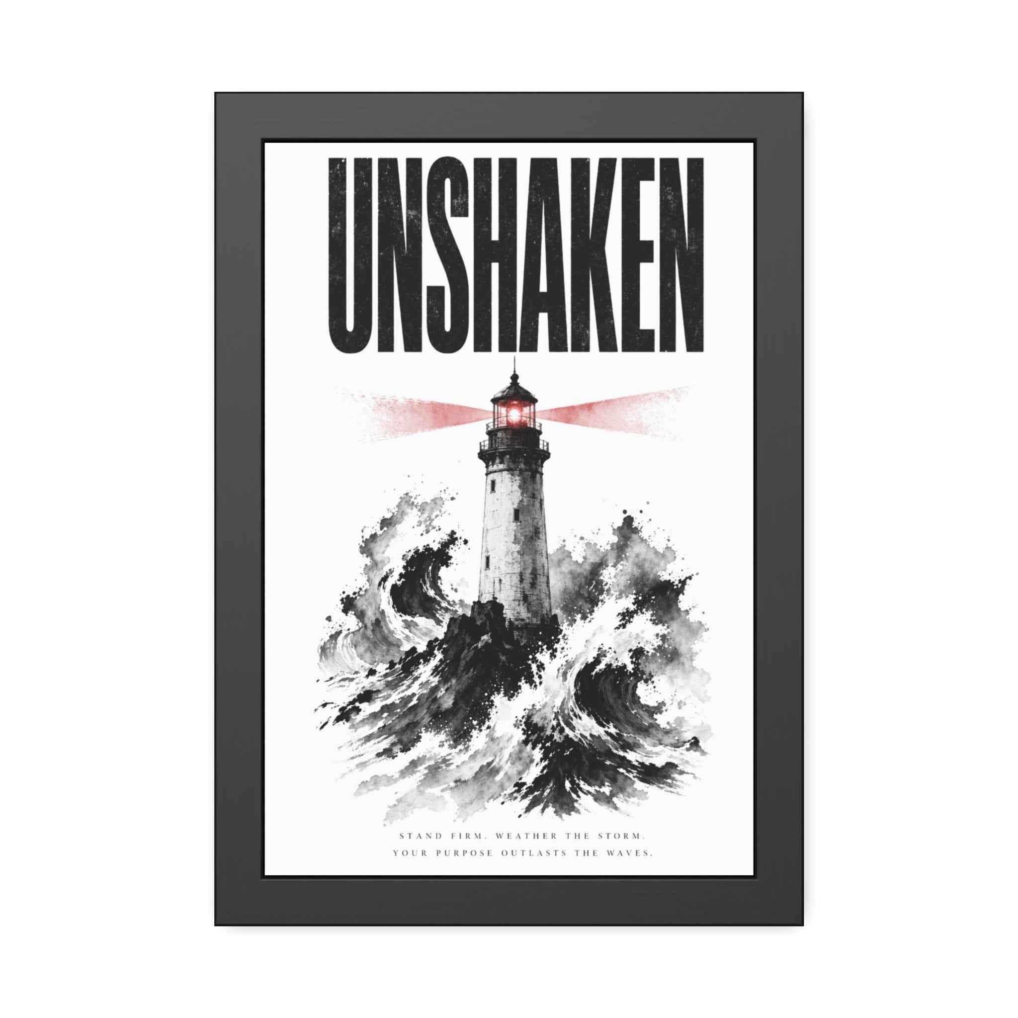 Framed Poster "UNSHAKEN" Lighthouse Art Print — Nautical Wall Decor