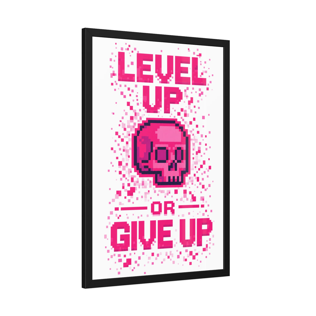 Framed Poster — "Level Up or Give Up" Pixel Skull Motivational Wall Art