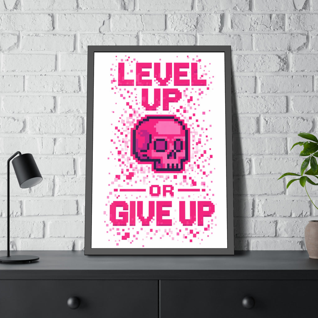Framed Poster — "Level Up or Give Up" Pixel Skull Motivational Wall Art