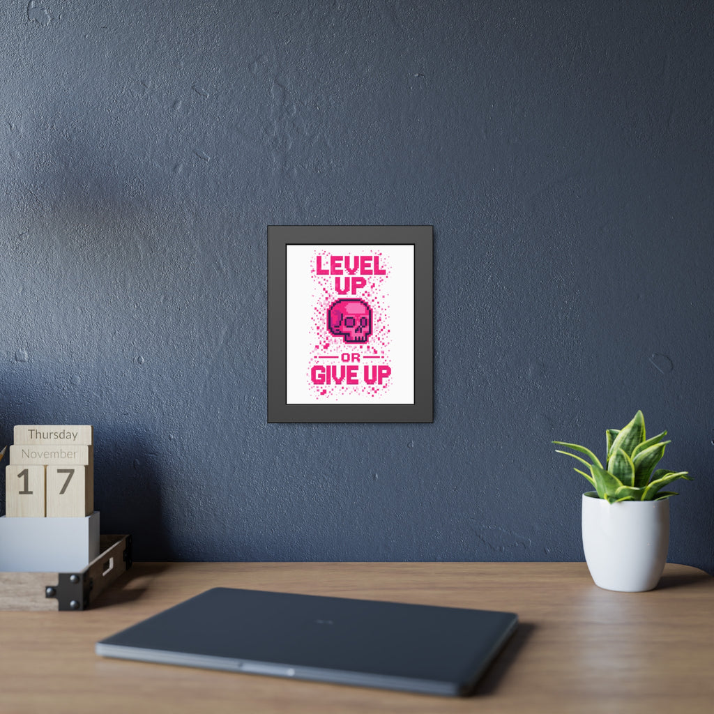 Framed Poster — "Level Up or Give Up" Pixel Skull Motivational Wall Art