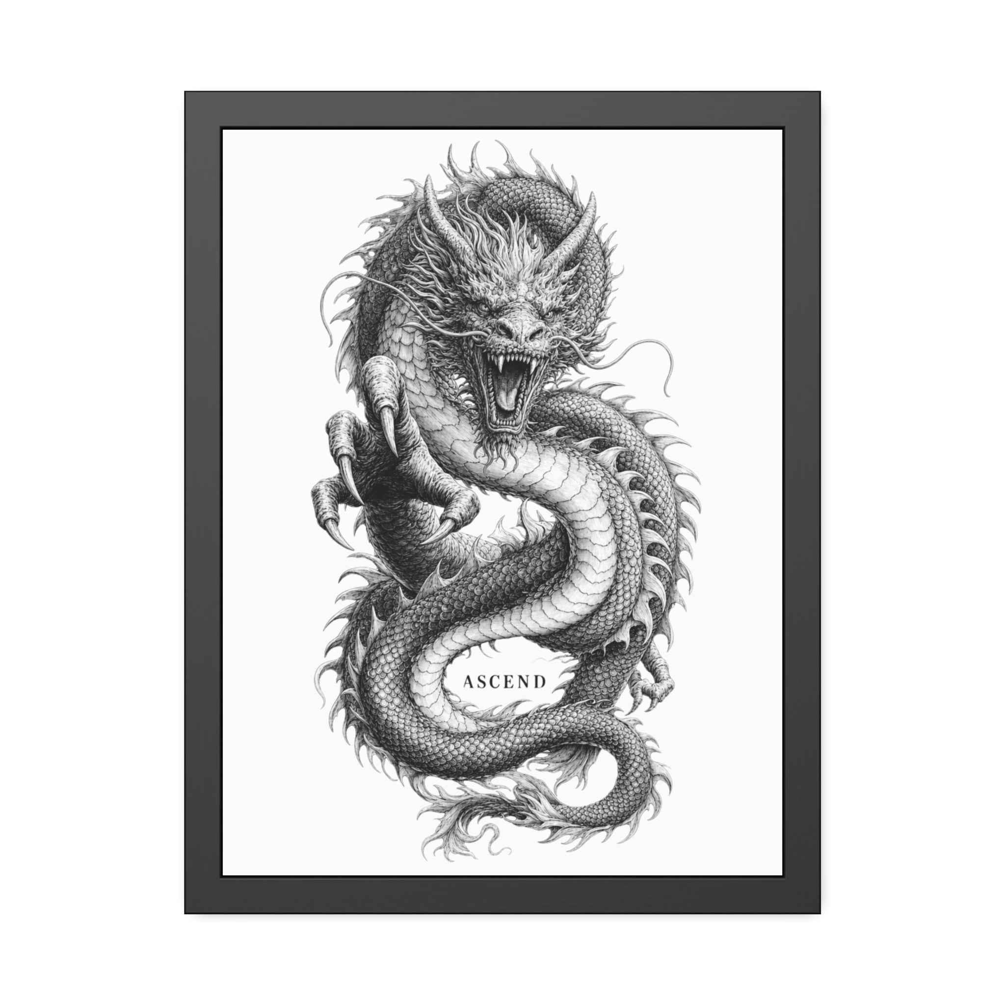 Framed Dragon Art Print — Black & White 'Ascend' Poster