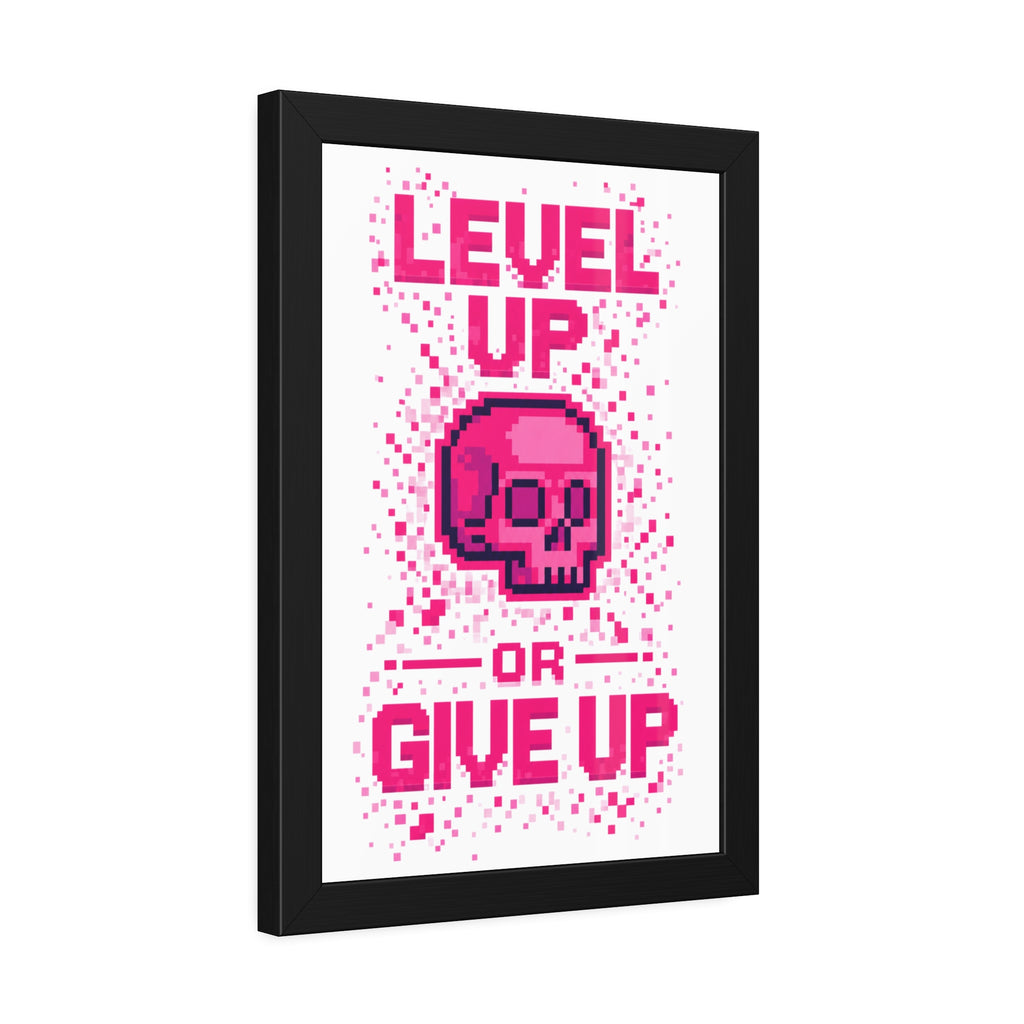 Framed Poster — "Level Up or Give Up" Pixel Skull Motivational Wall Art