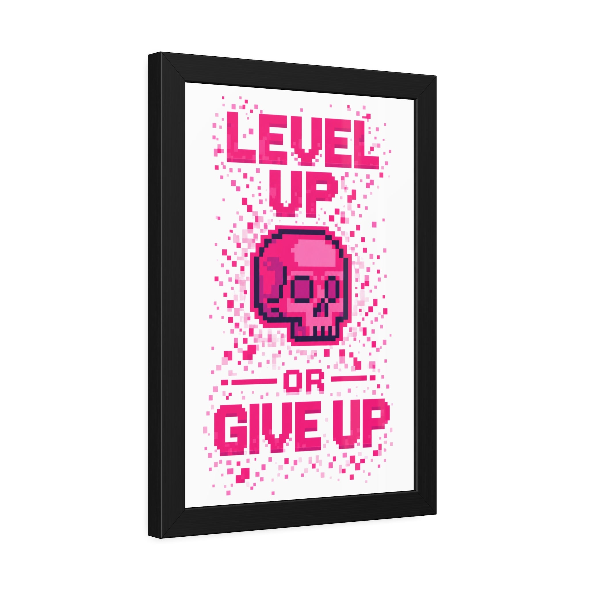 Framed Poster — "Level Up or Give Up" Pixel Skull Motivational Wall Art