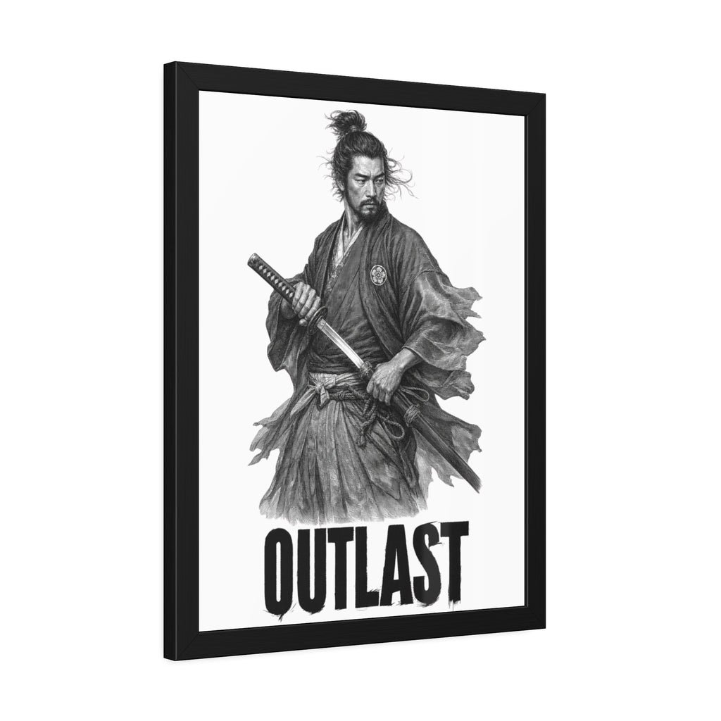 Framed Samurai 'OUTLAST' Paper Poster – Monochrome Warrior Wall Art