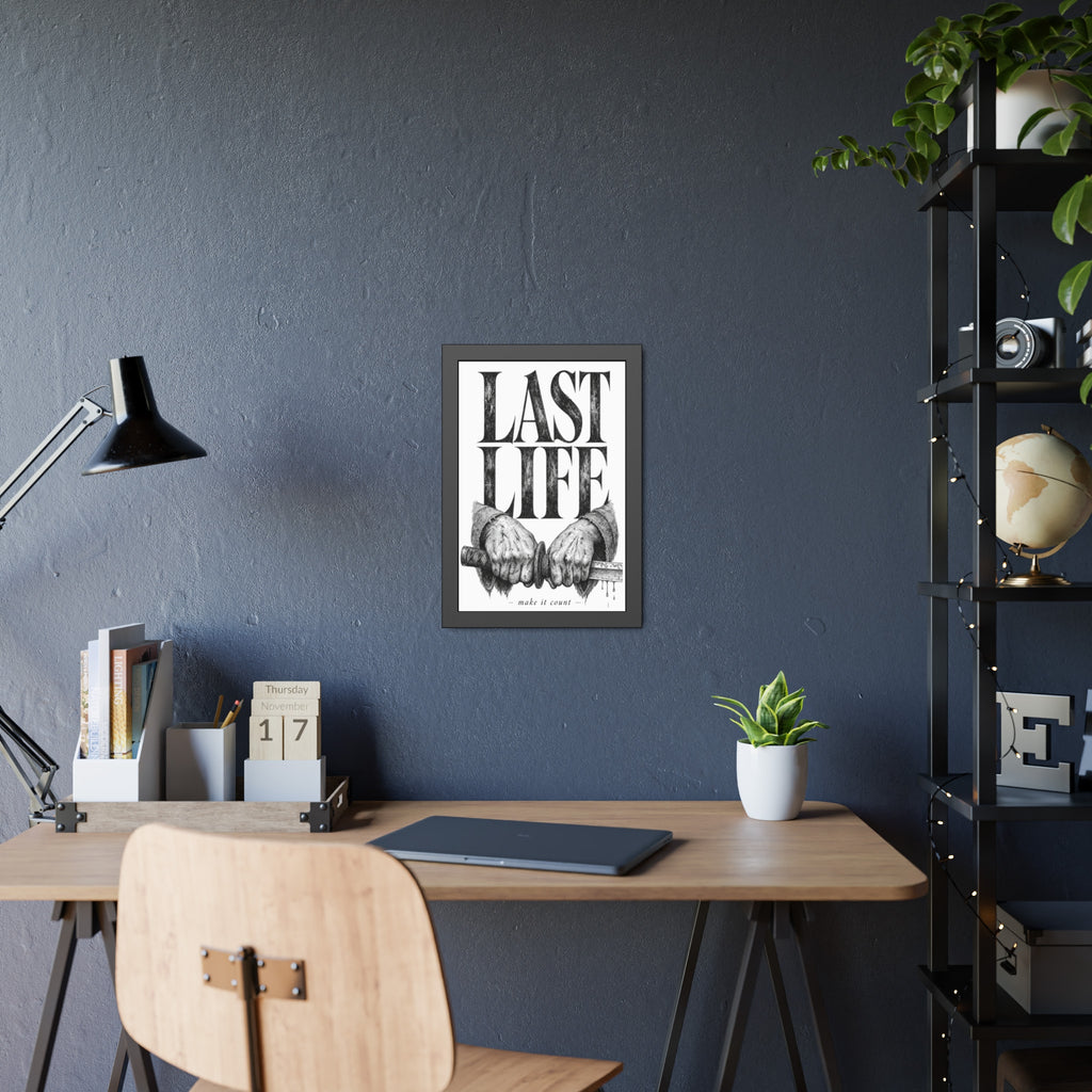 Framed Poster – "Last Life" Black & White Illustrated Art Print