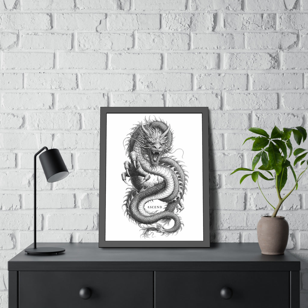 Framed Dragon Art Print — Black & White 'Ascend' Poster