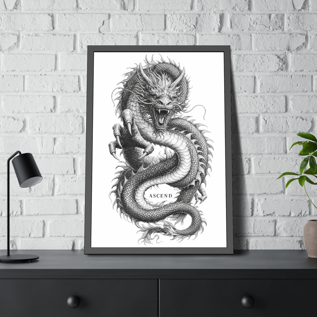 Framed Dragon Art Print — Black & White 'Ascend' Poster