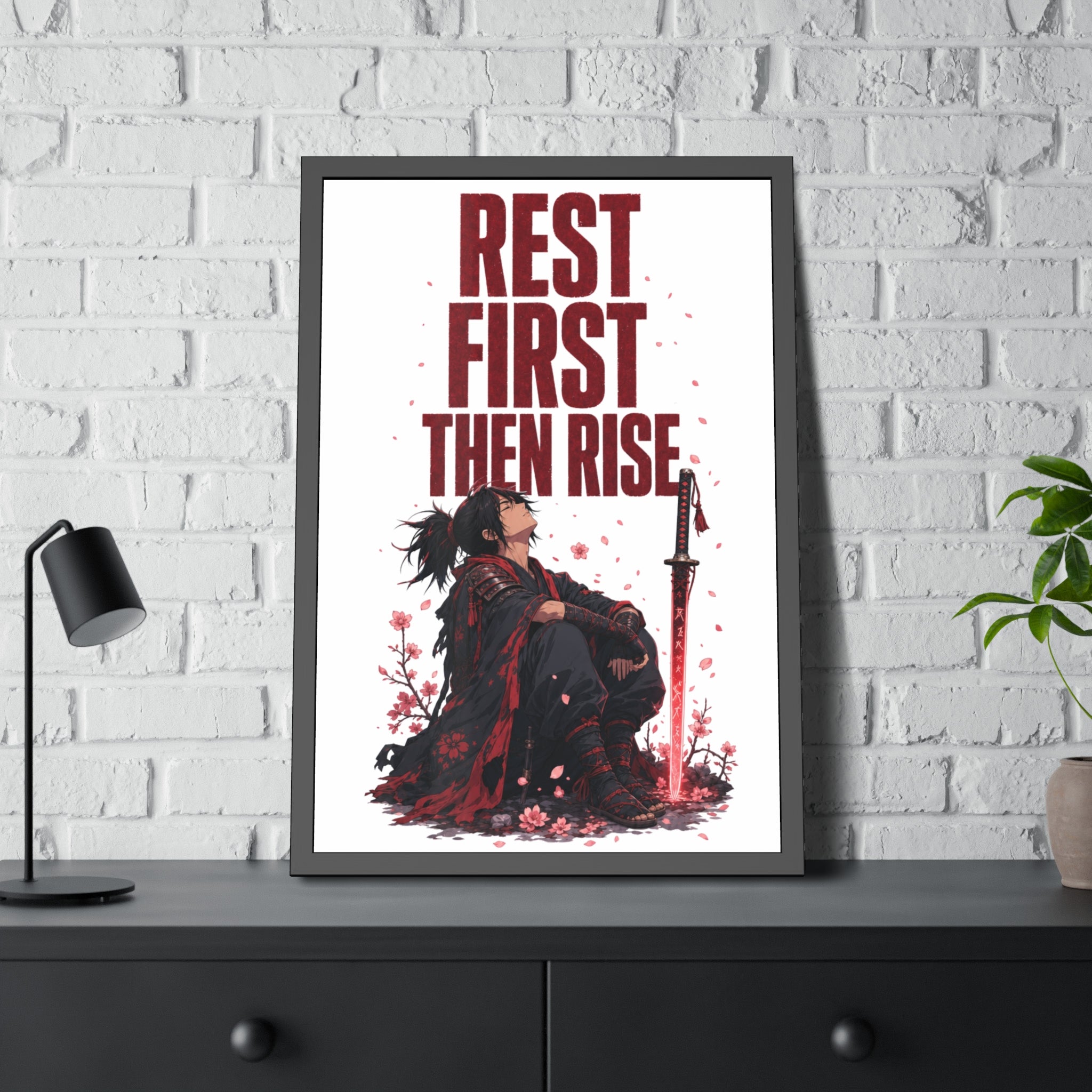 Framed Poster — "Rest First Then Rise" Inspirational Samurai Wall Art