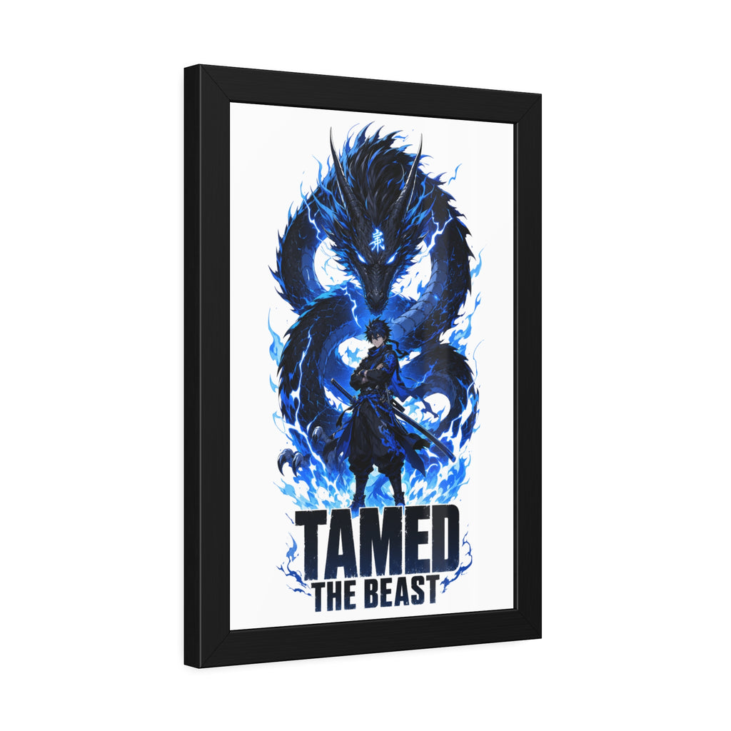 Framed Poster — "Tamed the Beast" Blue Dragon Fantasy Art