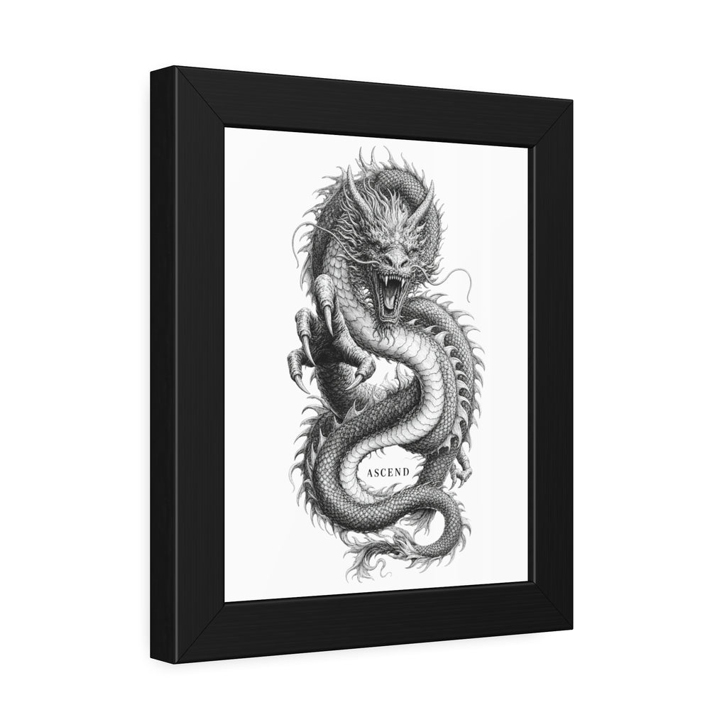 Framed Dragon Art Print — Black & White 'Ascend' Poster