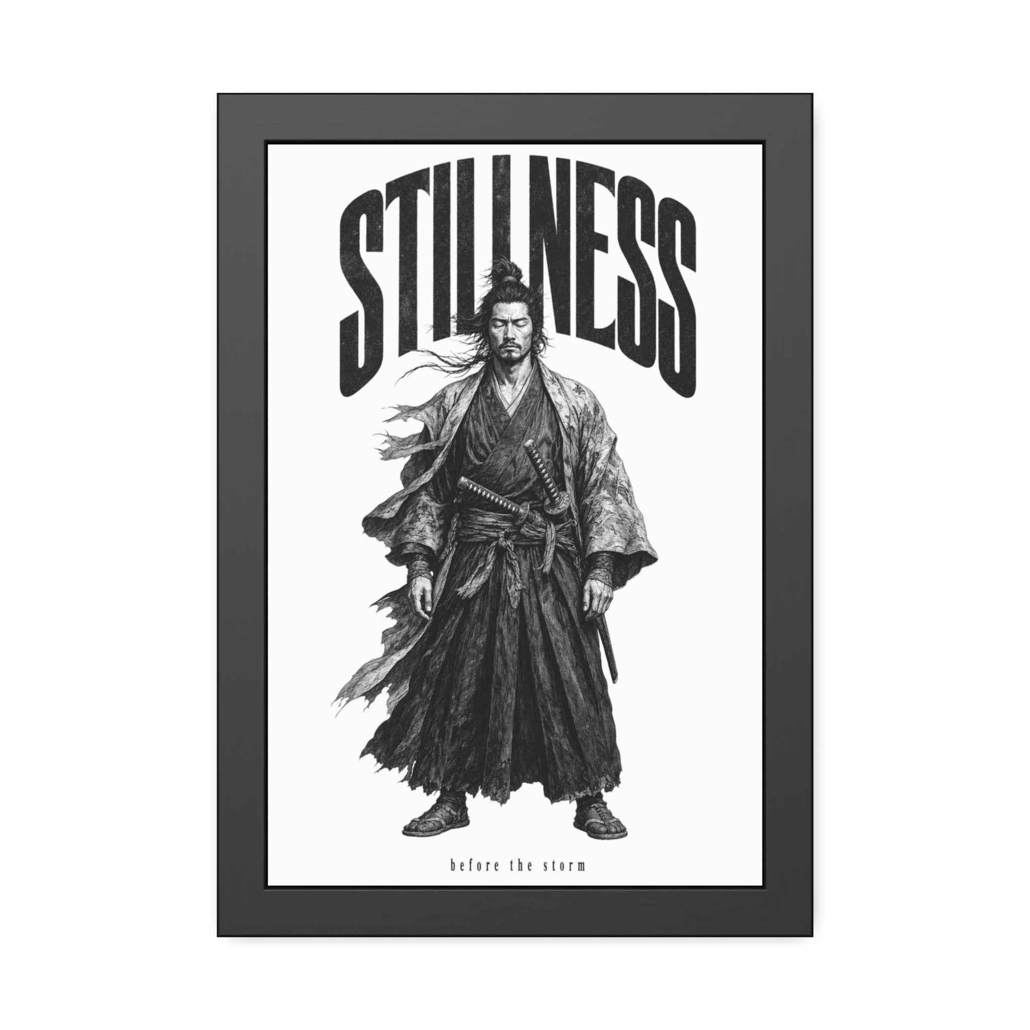 Stillness Samurai Framed Poster — 'Before the Storm' Black & White Warrior Art