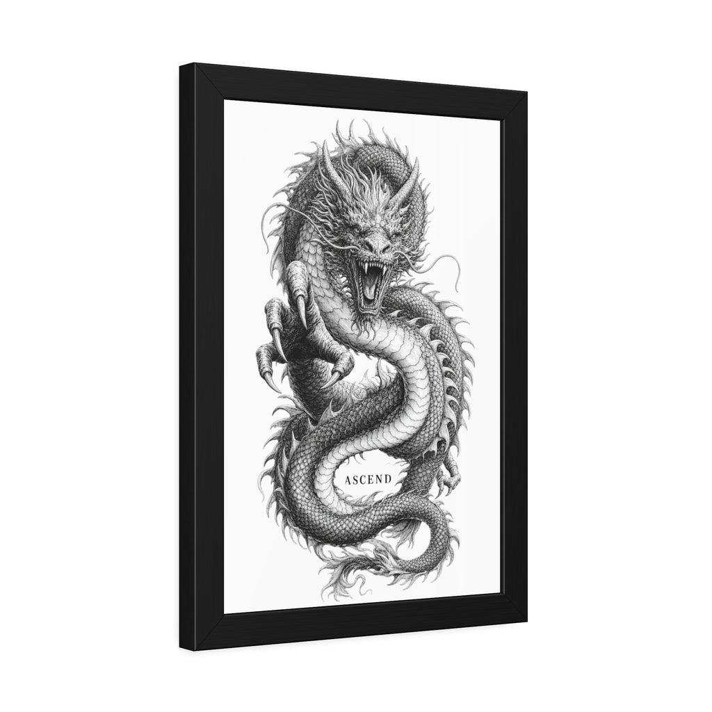 Framed Dragon Art Print — Black & White 'Ascend' Poster