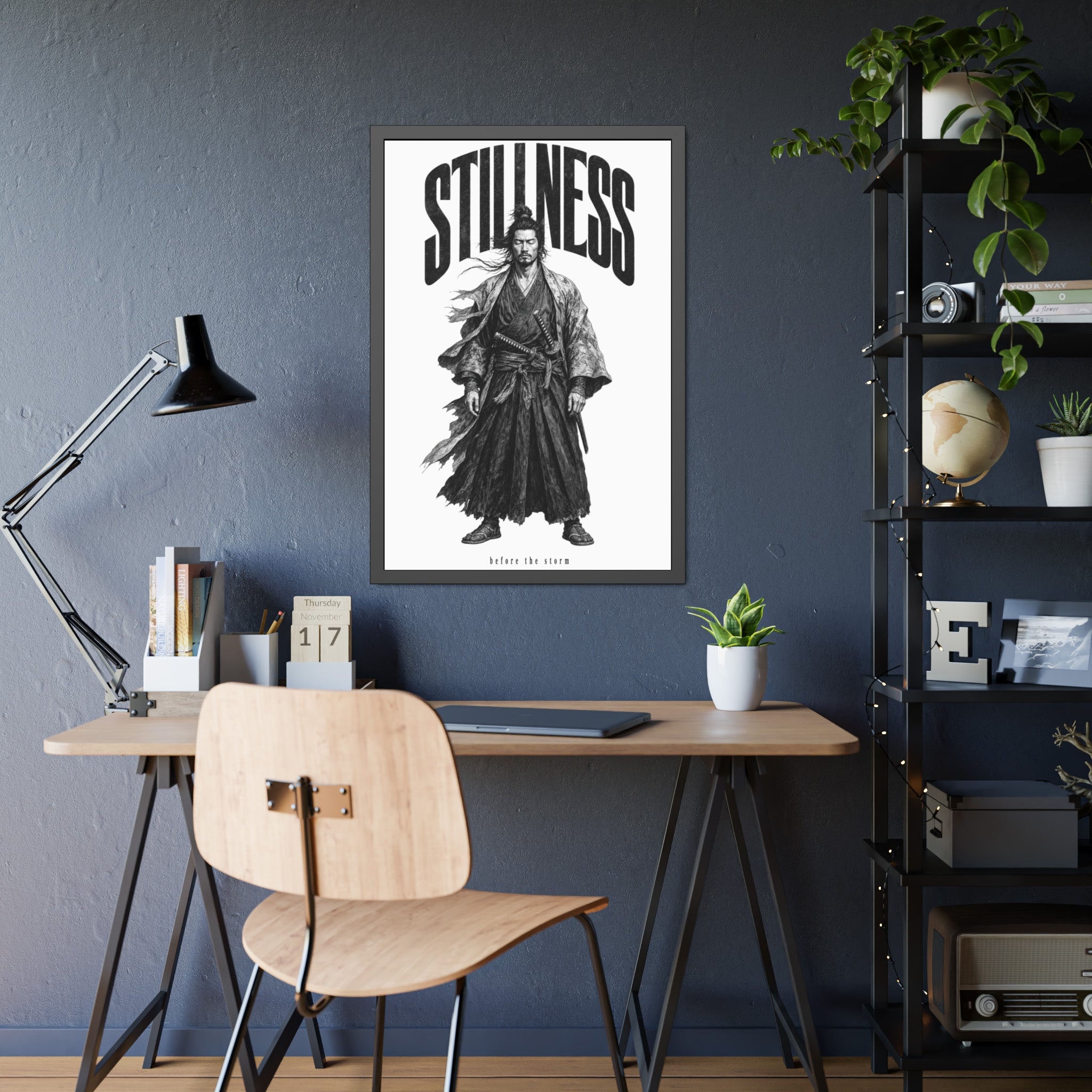 Stillness Samurai Framed Poster — 'Before the Storm' Black & White Warrior Art