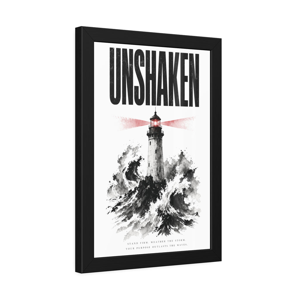 Framed Poster "UNSHAKEN" Lighthouse Art Print — Nautical Wall Decor