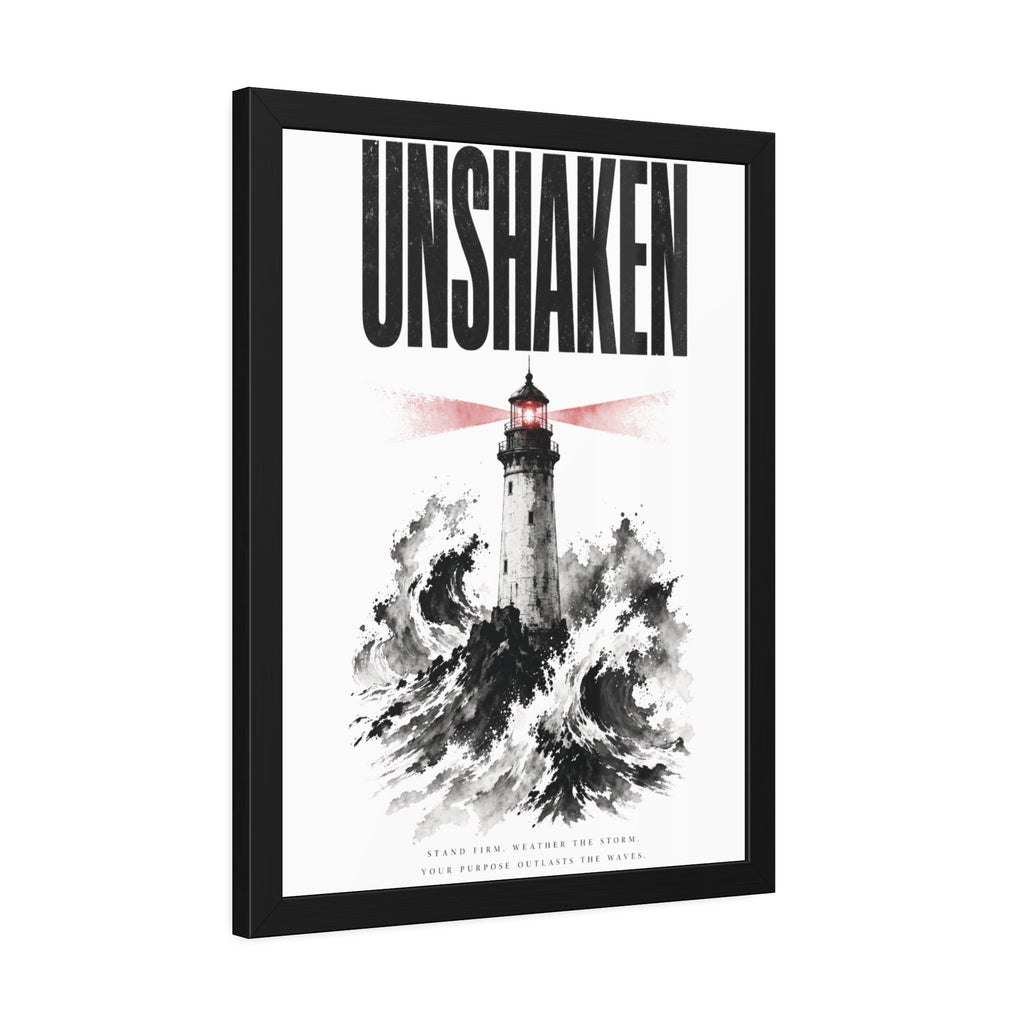 Framed Poster "UNSHAKEN" Lighthouse Art Print — Nautical Wall Decor