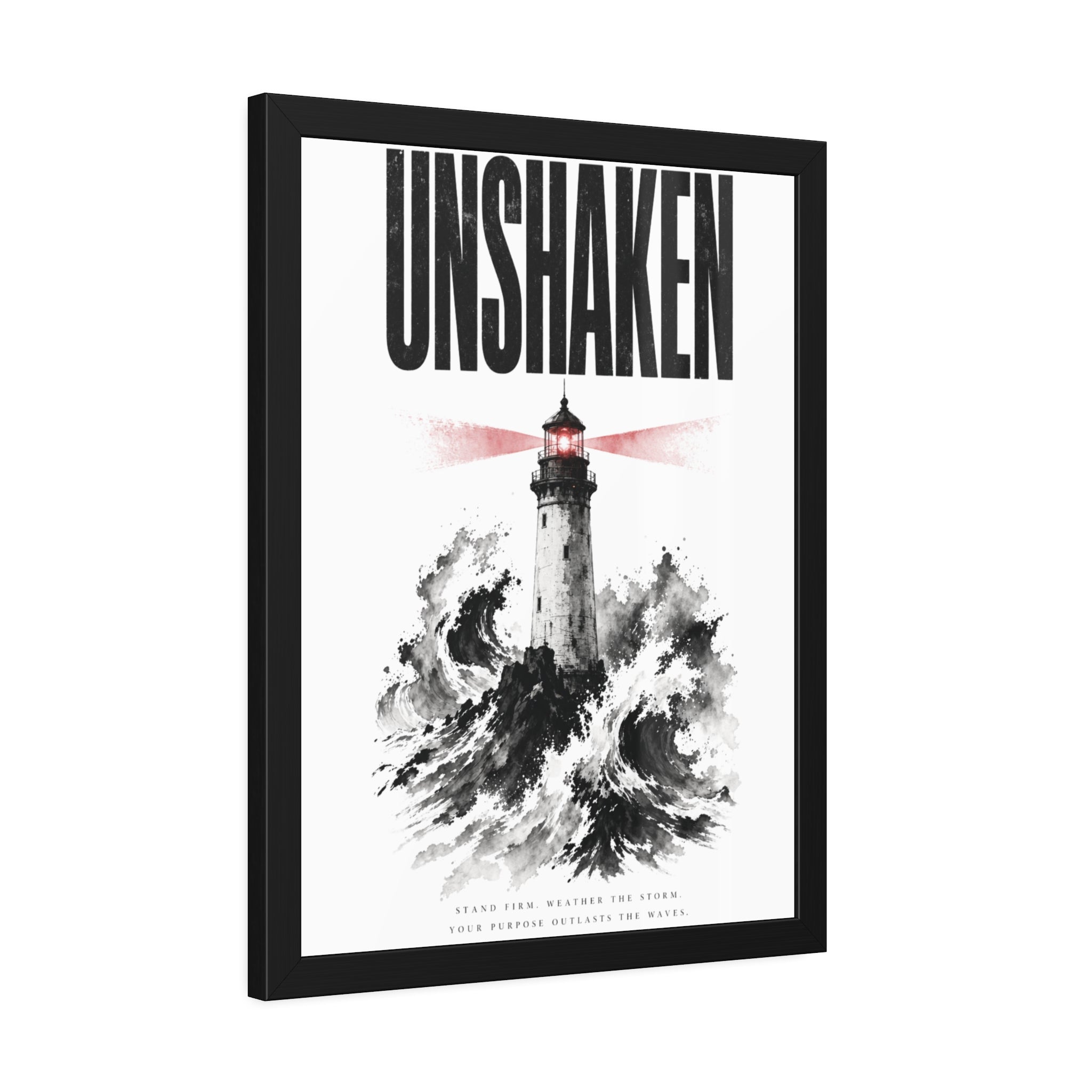 Framed Poster "UNSHAKEN" Lighthouse Art Print — Nautical Wall Decor