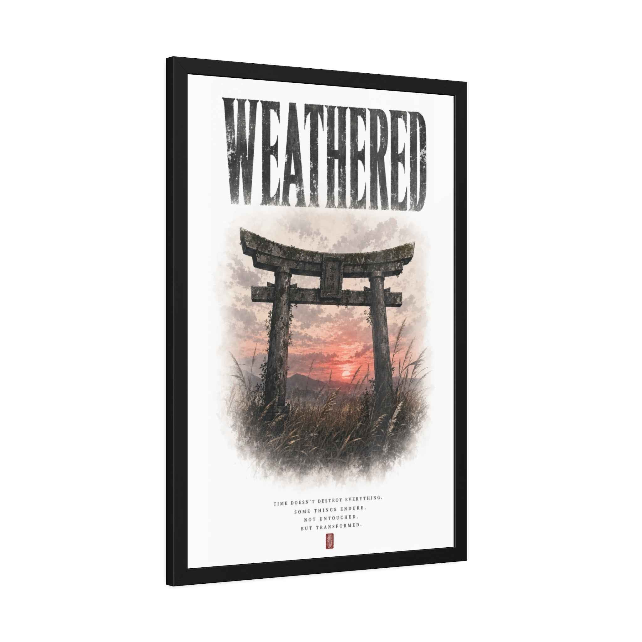 Weathered  Framed Poster — Japanese Shrine Sunset Wall Art