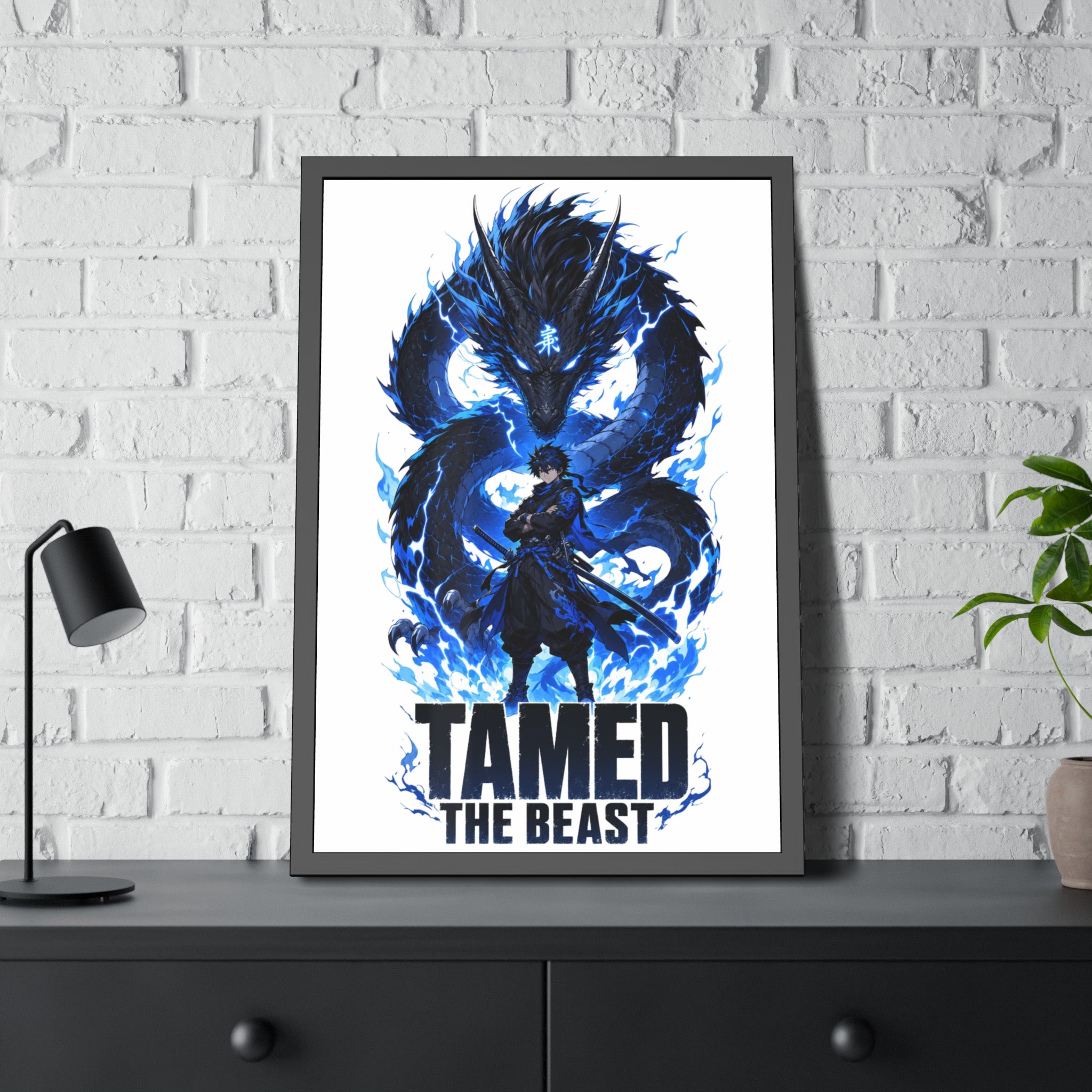 Framed Poster — "Tamed the Beast" Blue Dragon Fantasy Art