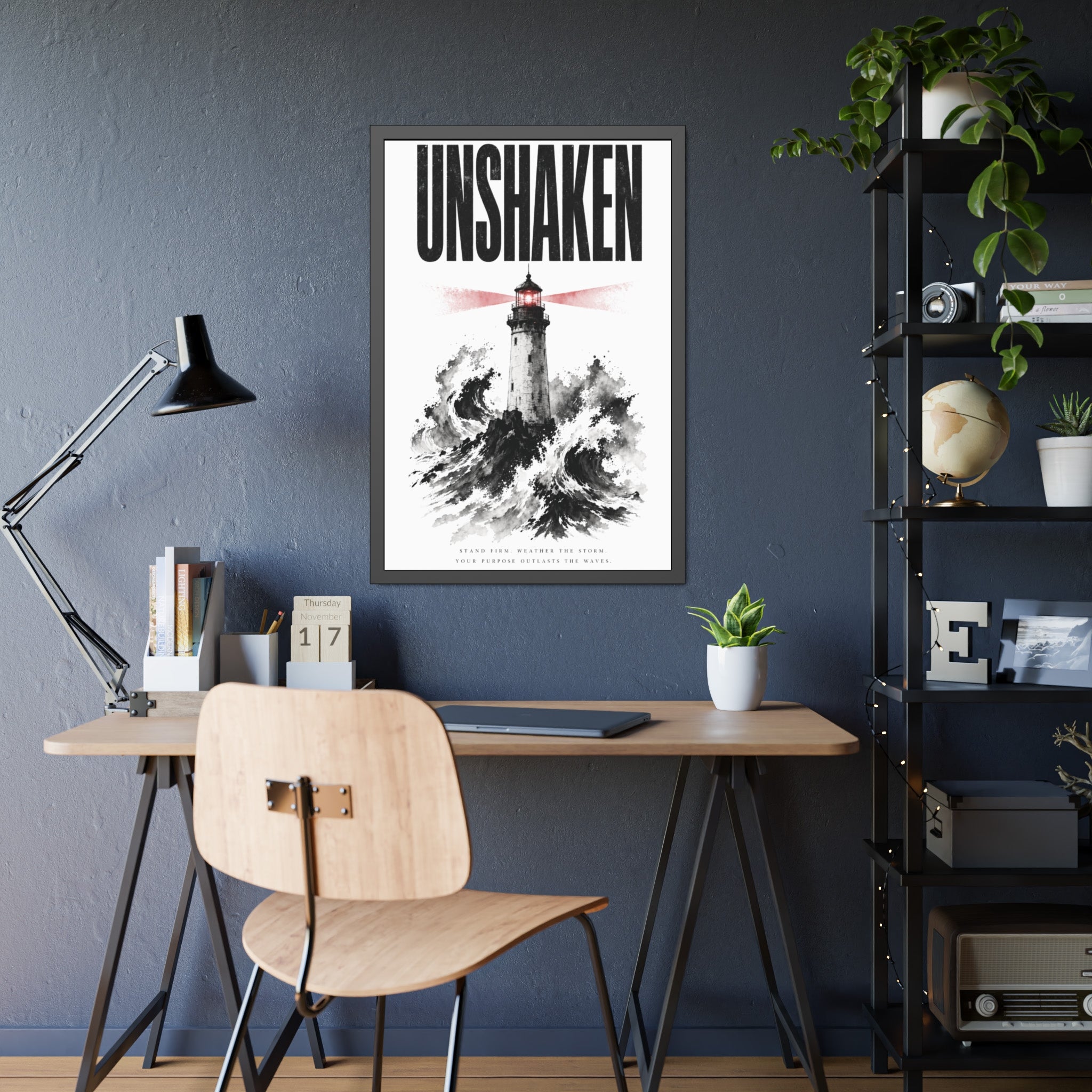 Framed Poster "UNSHAKEN" Lighthouse Art Print — Nautical Wall Decor