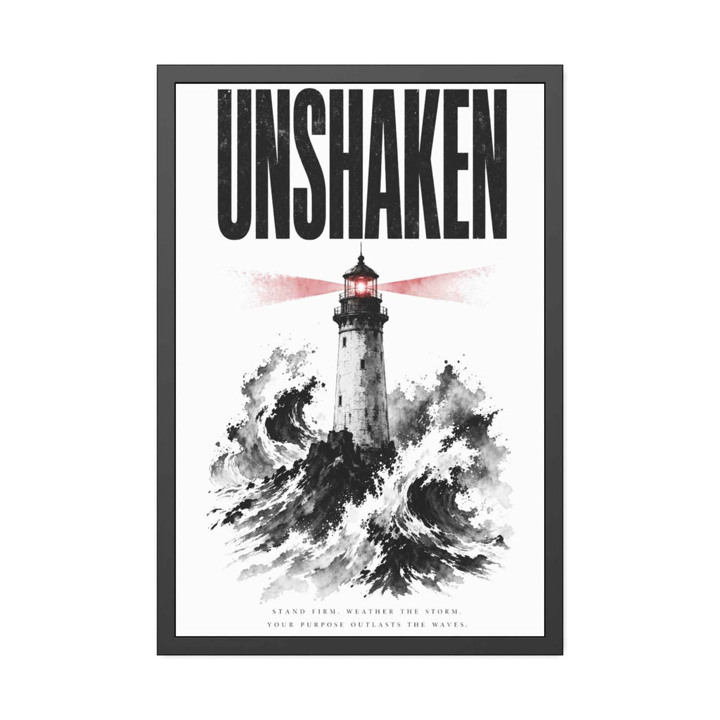 Framed Poster "UNSHAKEN" Lighthouse Art Print — Nautical Wall Decor