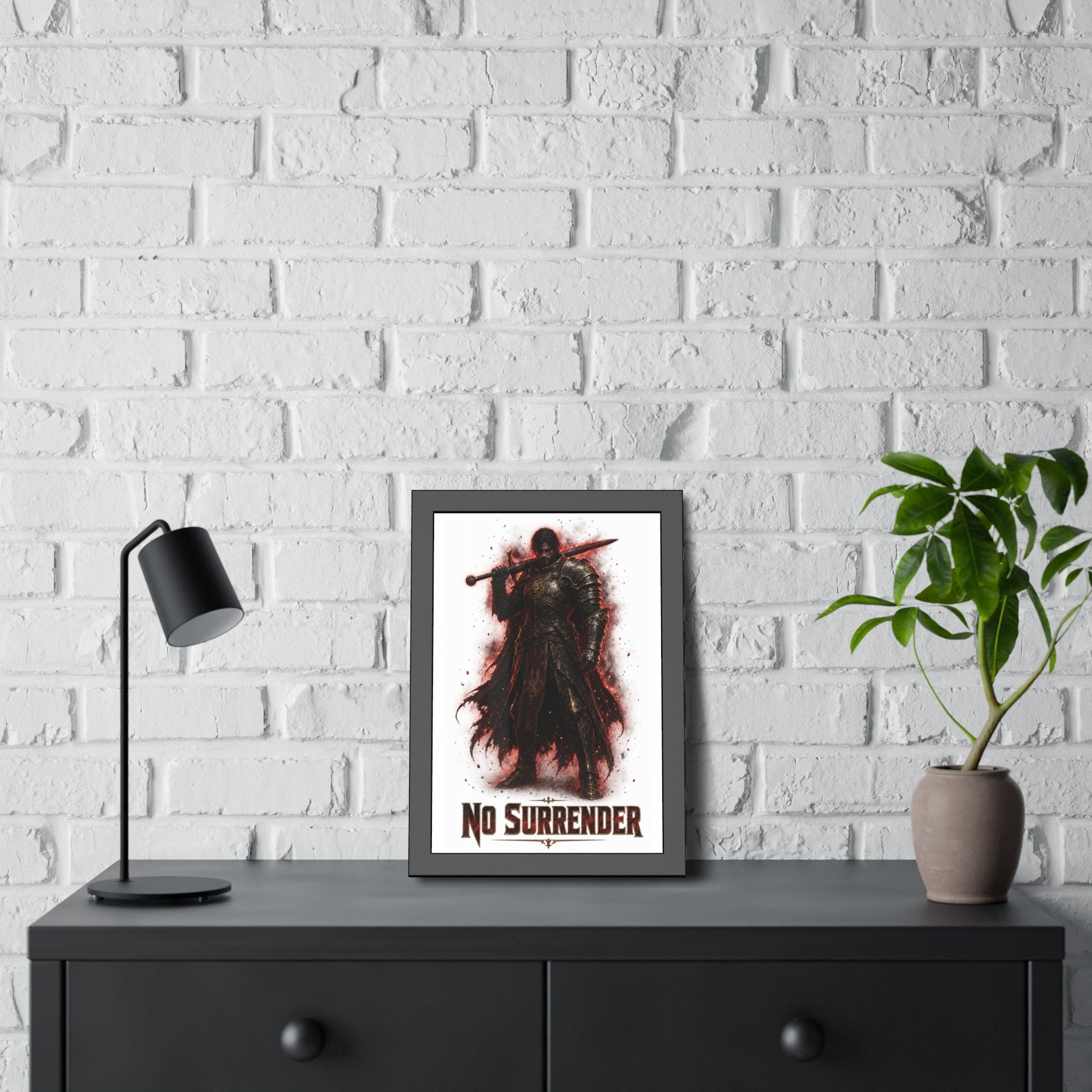 No Surrender Knight Framed Poster — Dark Fantasy Armor Wall Art