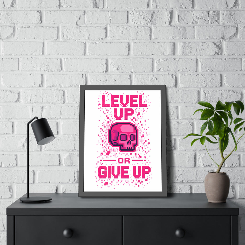 Framed Poster — "Level Up or Give Up" Pixel Skull Motivational Wall Art