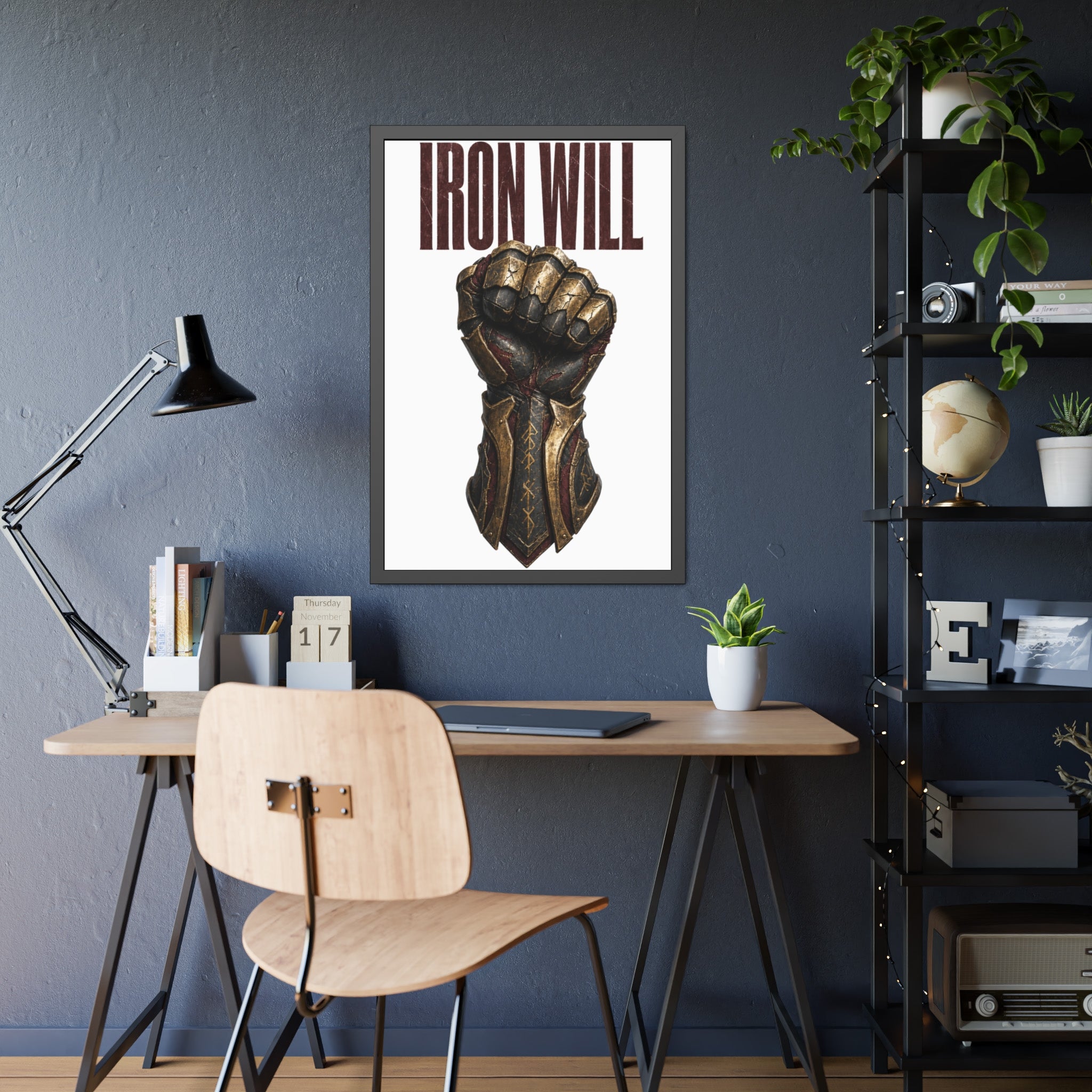 Iron Will Framed Poster — Fist Gauntlet Motivational Wall Art
