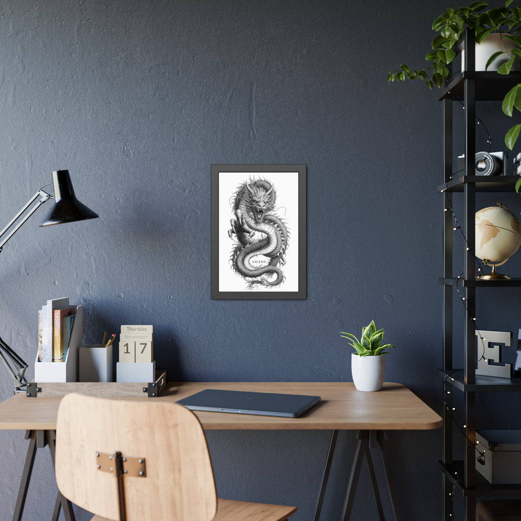Framed Dragon Art Print — Black & White 'Ascend' Poster