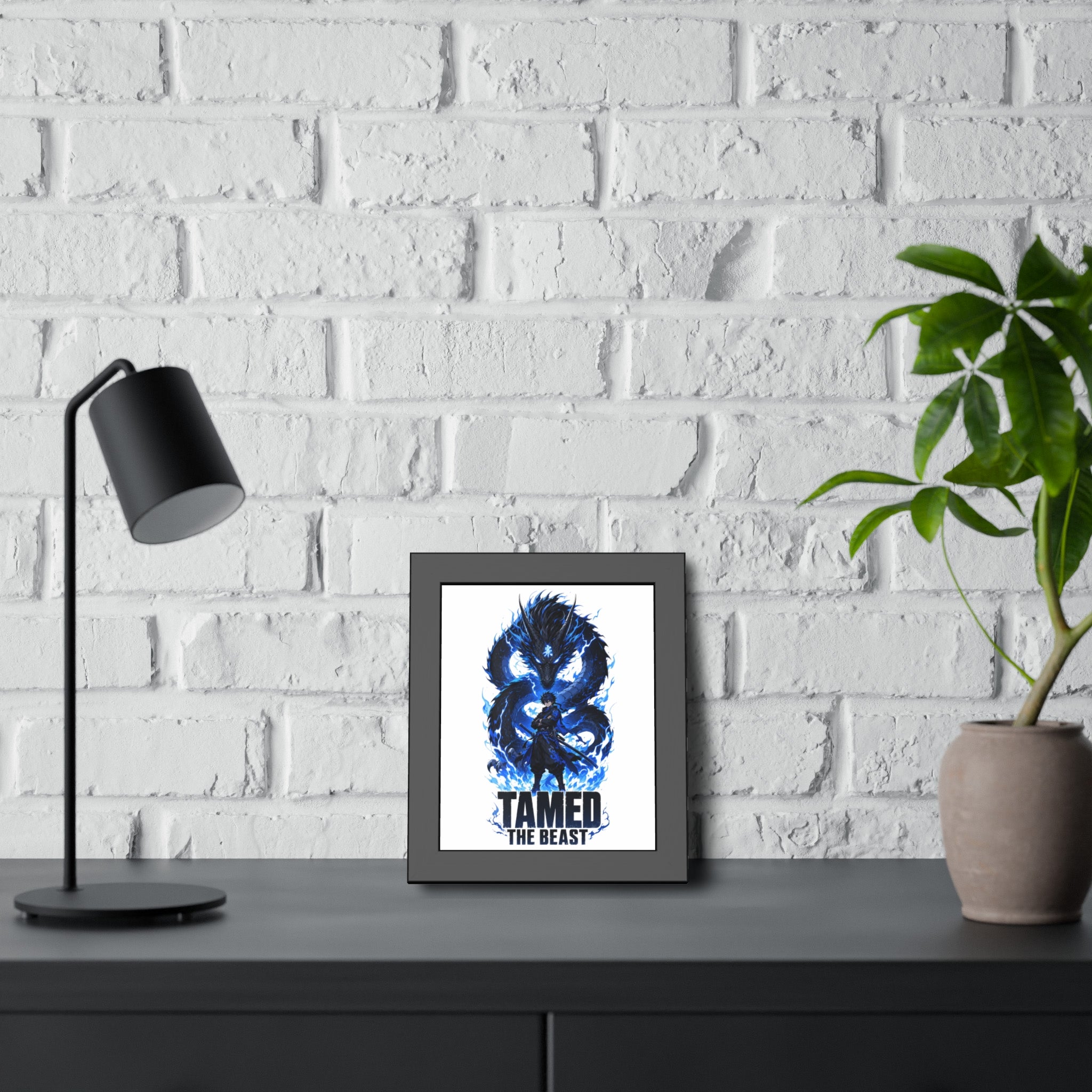 Framed Poster — "Tamed the Beast" Blue Dragon Fantasy Art