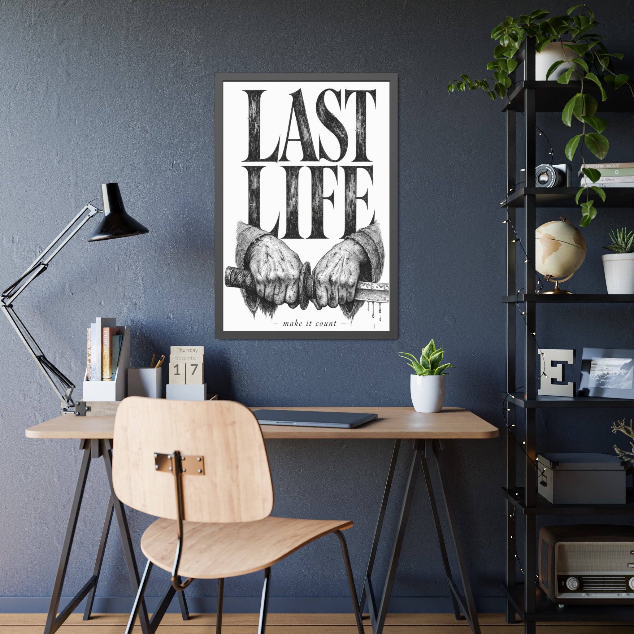Framed Poster – "Last Life" Black & White Illustrated Art Print