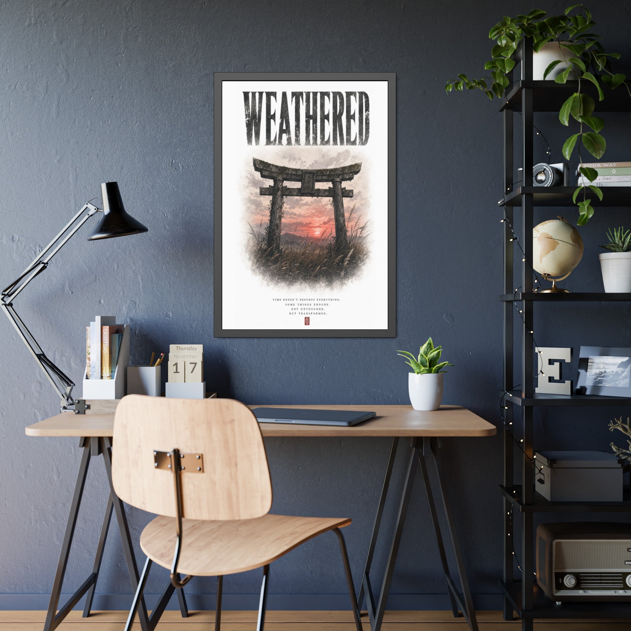 Weathered  Framed Poster — Japanese Shrine Sunset Wall Art