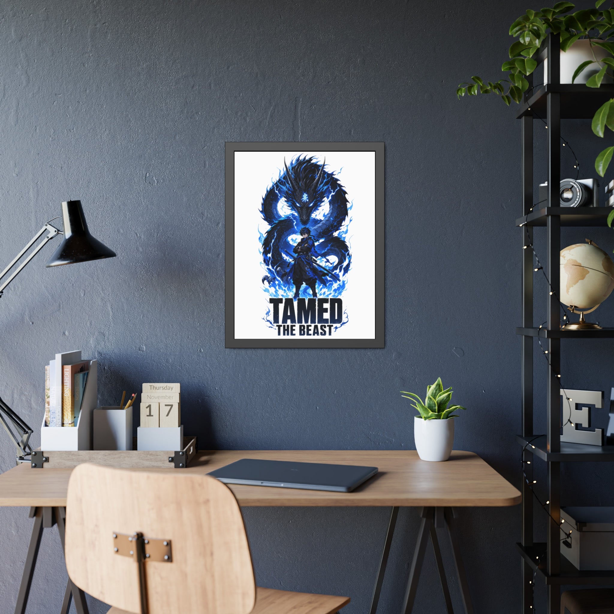 Framed Poster — "Tamed the Beast" Blue Dragon Fantasy Art