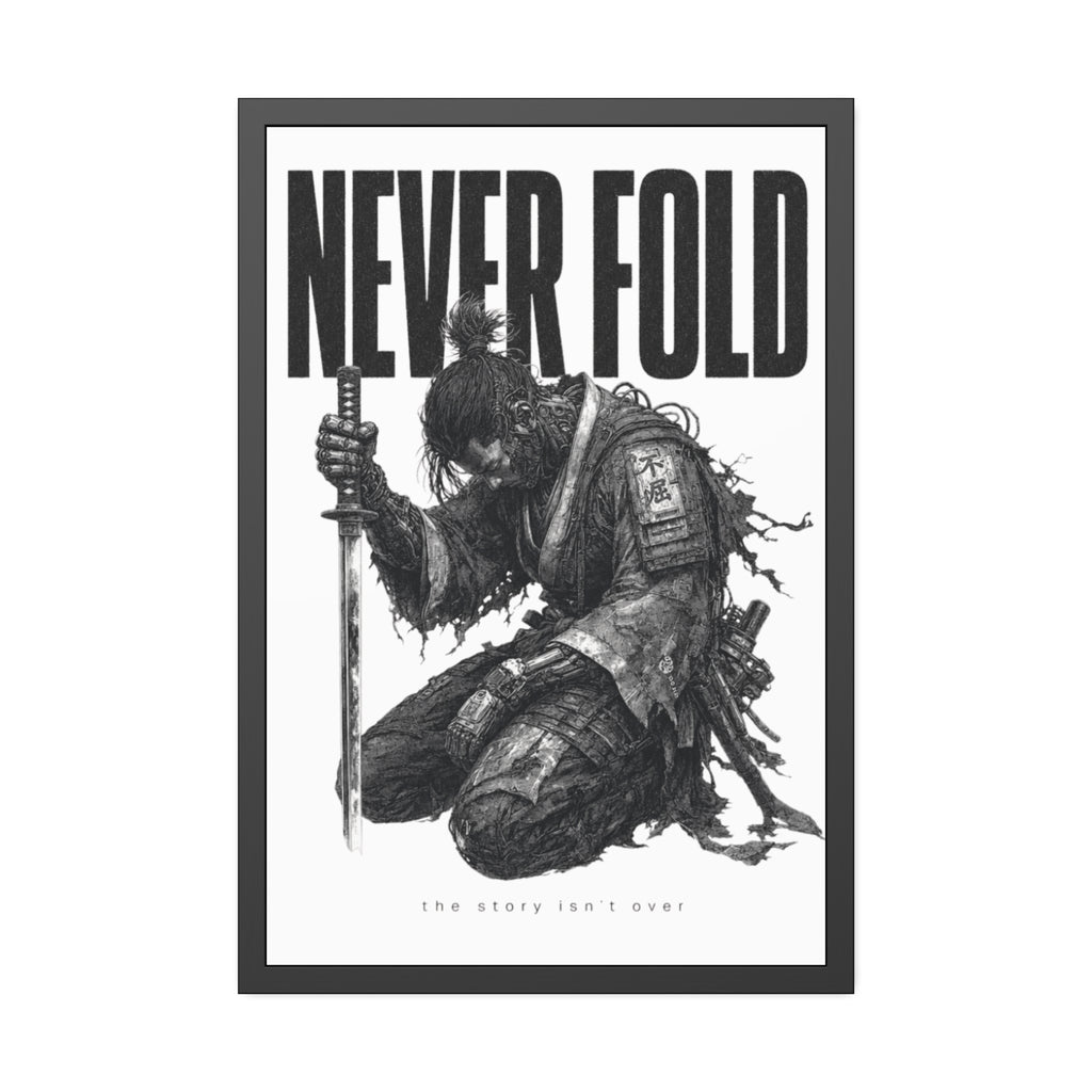 Framed Poster – "Never Fold" Samurai Art Print (Black & White)