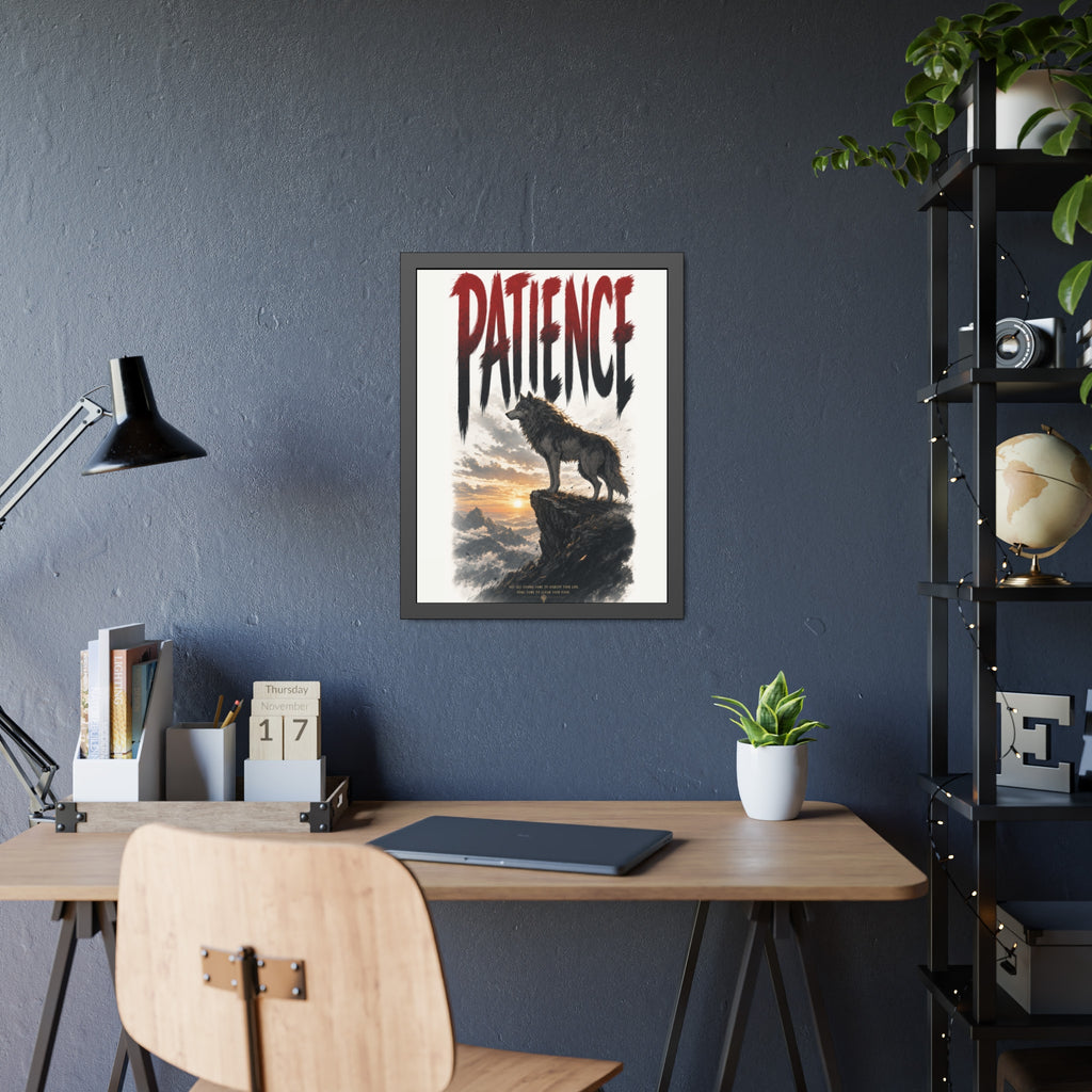 Patience Wolf Framed Poster — Inspirational Nature Wall Art