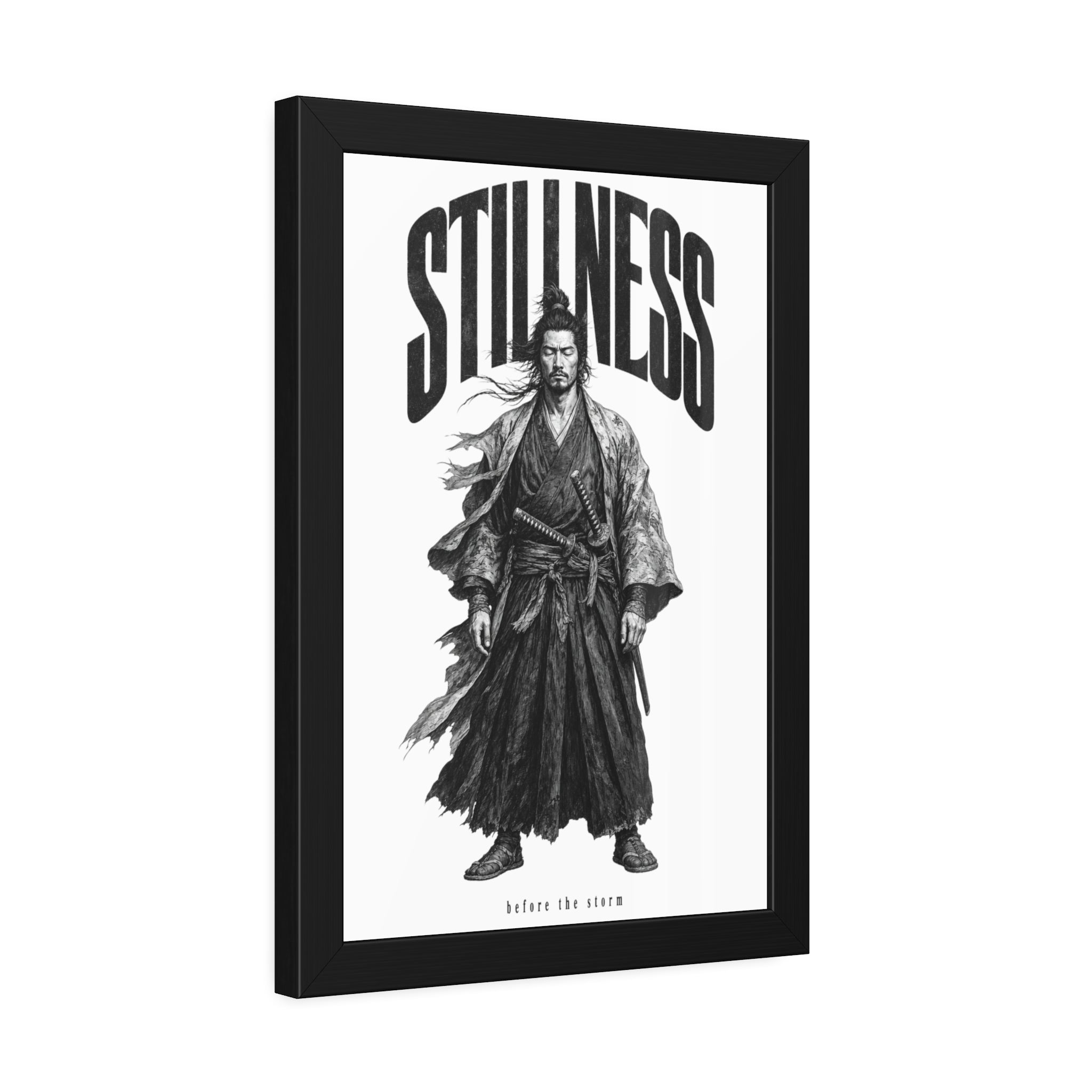 Stillness Samurai Framed Poster — 'Before the Storm' Black & White Warrior Art