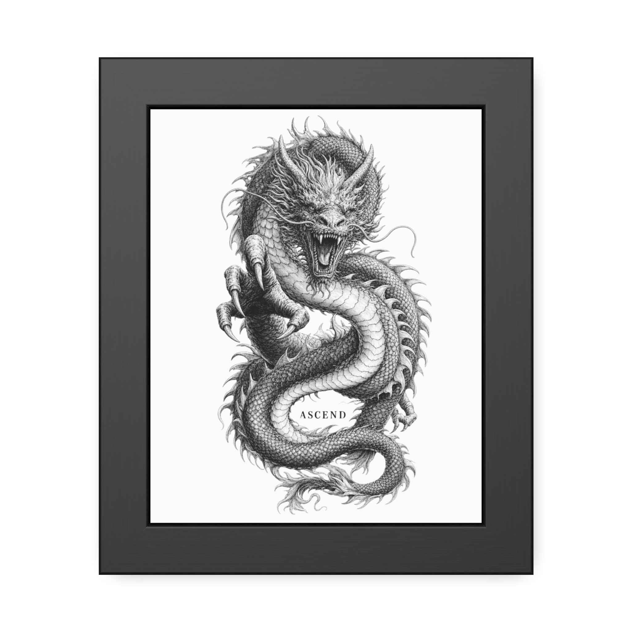 Framed Dragon Art Print — Black & White 'Ascend' Poster