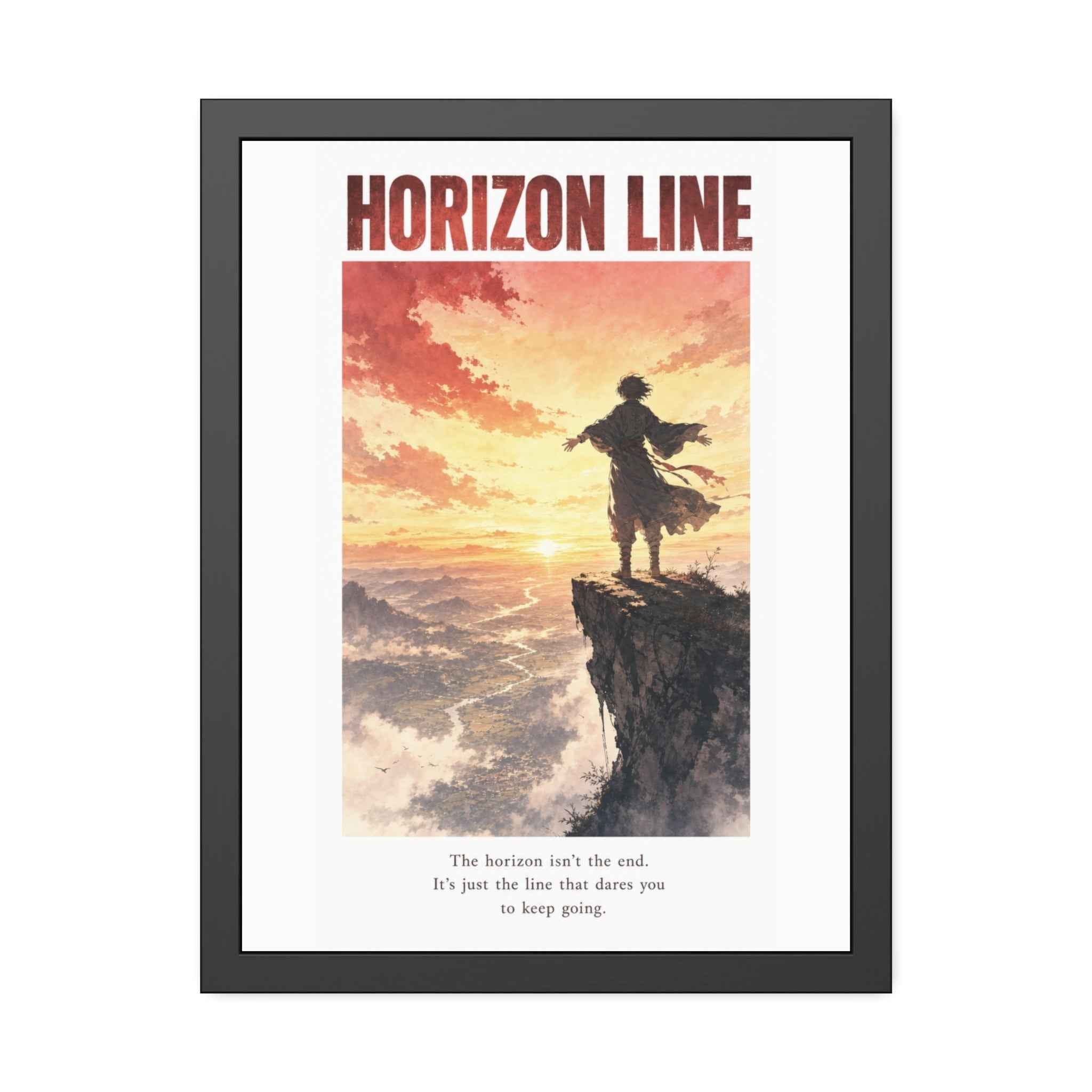 Horizon Line Framed Art Print — Inspirational Cliffside Sunset Poster