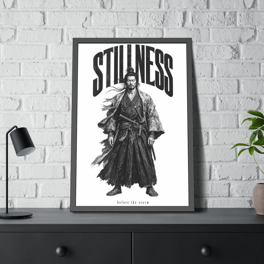 Stillness Samurai Framed Poster — 'Before the Storm' Black & White Warrior Art
