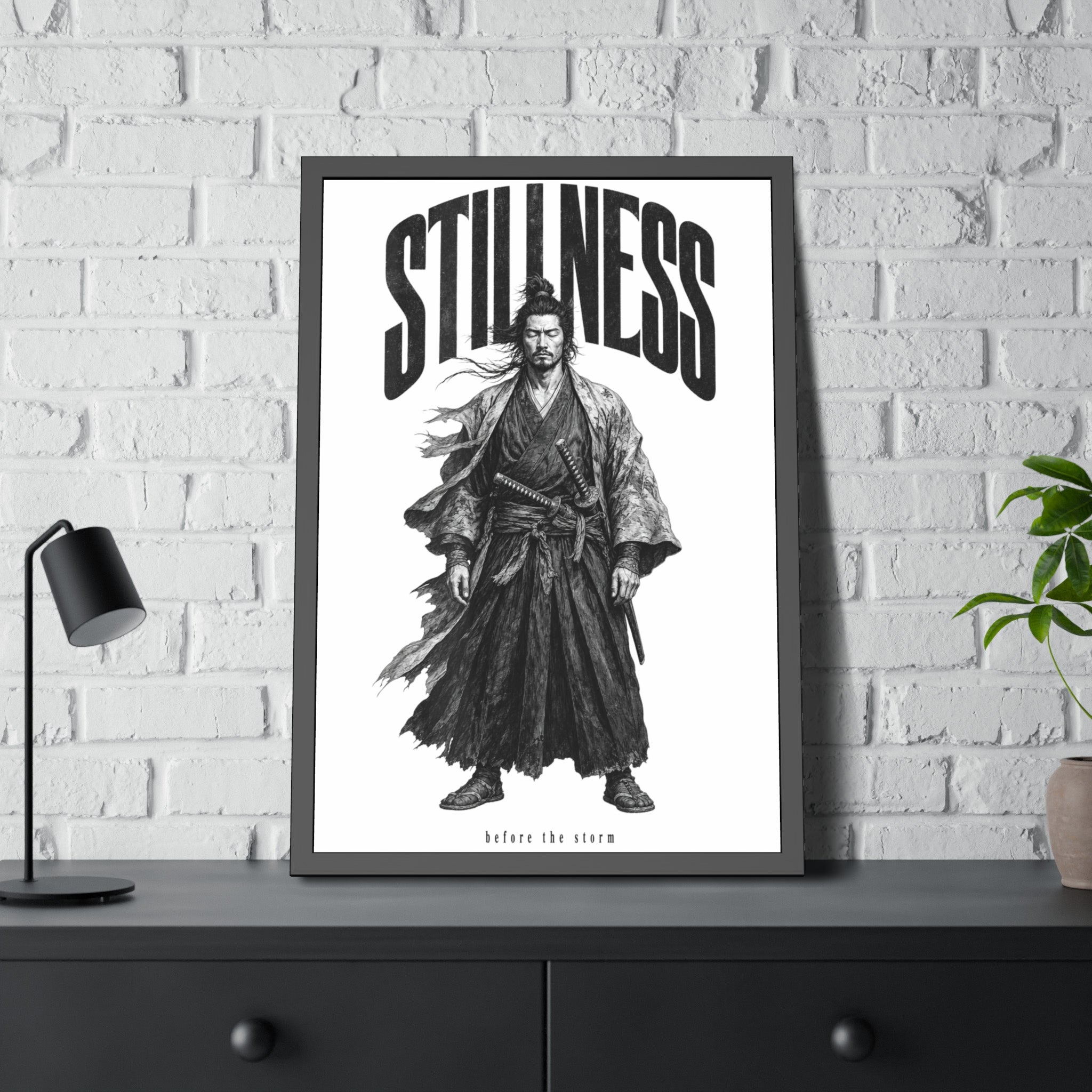 Stillness Samurai Framed Poster — 'Before the Storm' Black & White Warrior Art