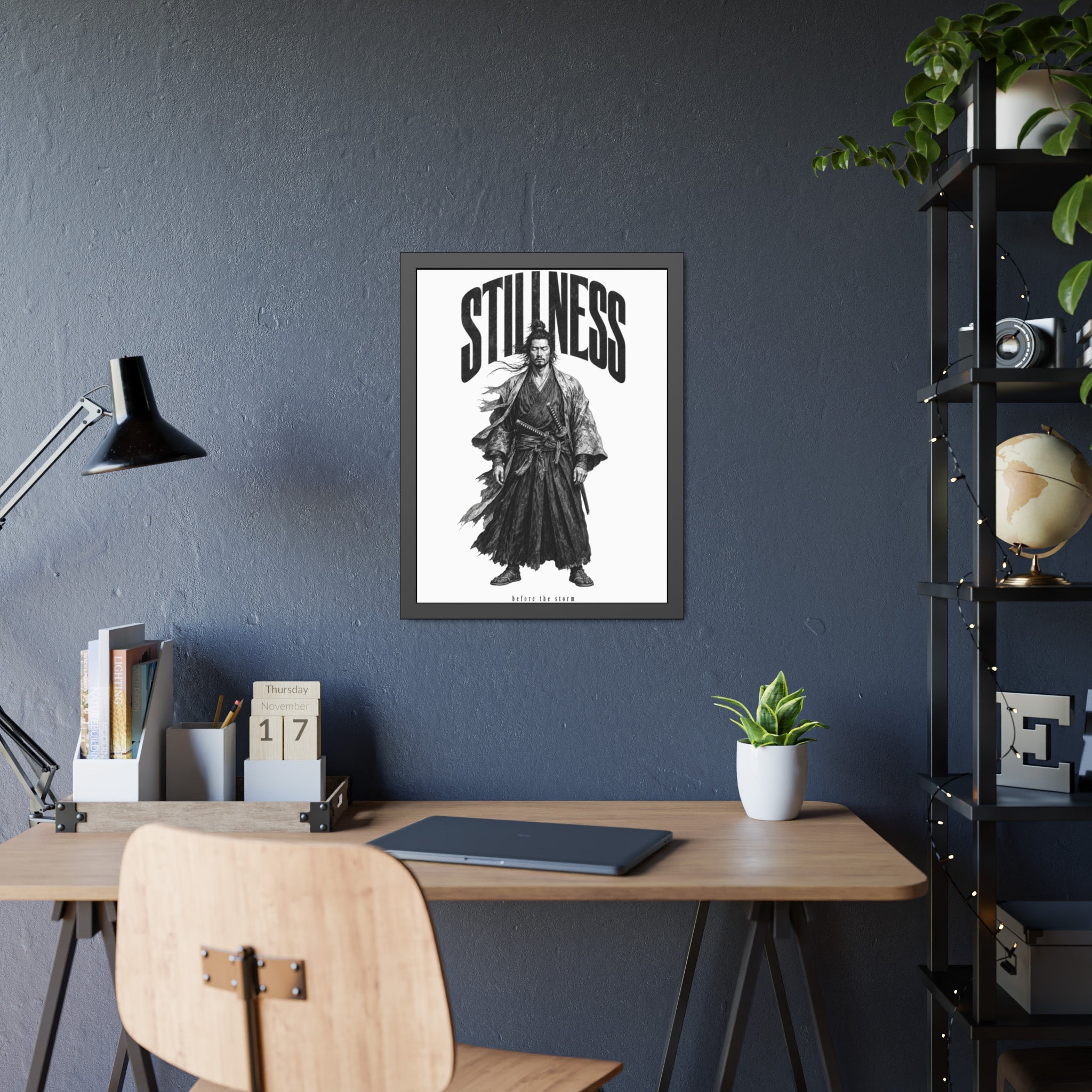 Stillness Samurai Framed Poster — 'Before the Storm' Black & White Warrior Art