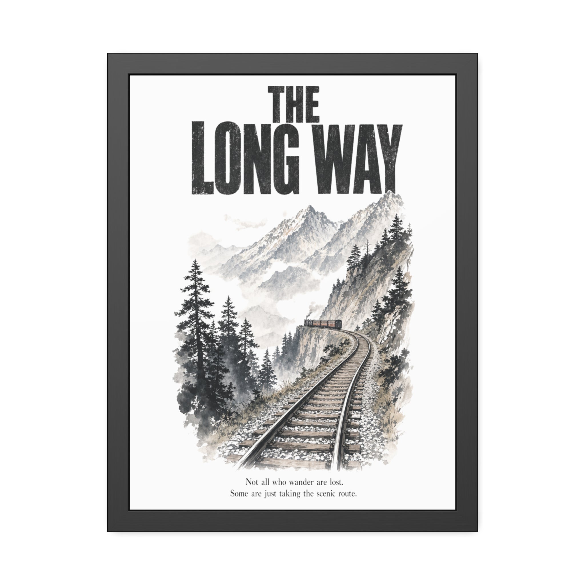 "The Long Way" Mountain Train Scenic Wall Art - Framed Poster